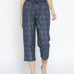 RANGMANCH BY PANTALOONS Women Navy Blue & Green Regular Fit Printed Trousers-picture-11