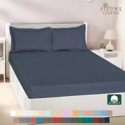 Pizuna 400TC 100% Cotton Dark Blue Flat Bed Sheet Super King Size With 2 Pillow Cover-picture-2