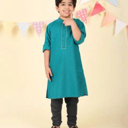 Fabindia Boys Teal Cotton Long Kurta-image-90