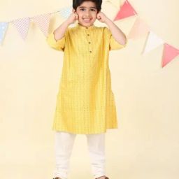 Fabindia Boys Yellow Viscose Blend Hand Block Printed Long Kurta-image-73