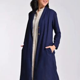 Saltpetre Women Solid Linen Navy Blue Single Breasted Shawl Collar Long Shrug-picture-40