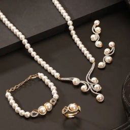 Saraf RS Jewellery White Statement AD & Pearl Studded Floral Necklace, Bracelet, Ring & Earrings Set-picture-17