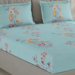 Monte Carlo F-Fashnik Truquoise Polyester Floral 130 TC Double Bedsheet with 2 Pillow Covers-picture-4