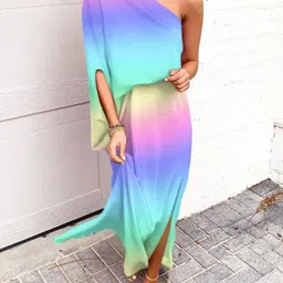KPOP Women Colourblocked Printed One Shoulder A-Line Maxi Dress-image-47