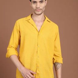 Indian Needle Yellow Cotton Regular Fit Embroidered Shirt-picture-15