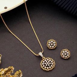 Saraf RS Jewellery Gold Statement Cubic Zircon Studded Floral Minimal Pendant & Earring Set-picture-12