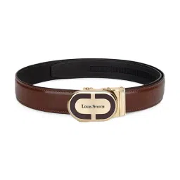 Louis Stitch Tan Leather Auto Lock Golden Buckle Formal Belt for Men-image-0