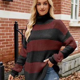 Mast & Harbour Women Striped High Neck Pullover Sweater-picture-5