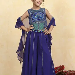 Biba Girls Floral Printed Sleeveless Top With Palazzos And Dupatta-picture-17
