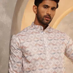 SOJANYA Geometric Printed Band Collar Cotton Linen Straight Kurta-image-12