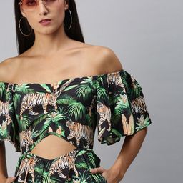 KASSUALLY Women Green Off-Shoulder Tropical Printed Basic Jumpsuit with Applique-33