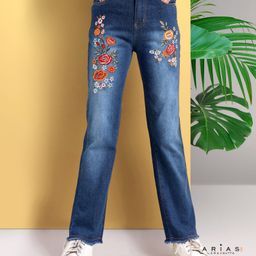 Arias Cotton Stretch Denim with Floral embroidery detail on front - Navy-image-68