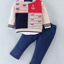 ToffyHouse Cotton Woven Shirt & Bottom Set with Flat Knit Sweater Anchor Design - Navy Blue-picture-31