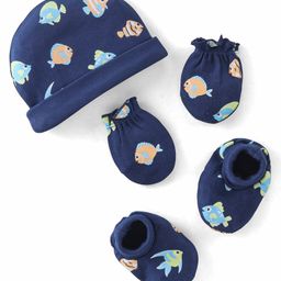 Babyhug 100% Cotton Knit Cap Mittens & Booties Set Fish Print - Navy Blue-image-39
