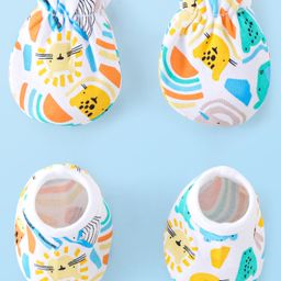 Babyhug 100% Cotton Knit Mittens & Booties Animal Print- Multicolor-image-6