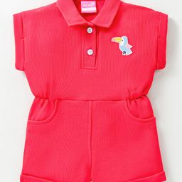 Little Kangaroos 100% Cotton Half Sleeves Bird Patched Jumpsuit - Red-image-93