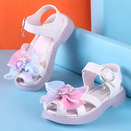 Oh! Pair Party Sandals with Velcro Closure & Bow Applique - Purple-picture-0