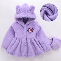 Kookie Kids Full Sleeves Frock Style Hooded Jacket With Front Buttons And Beads Embellishment with Bag - Purple-picture-24