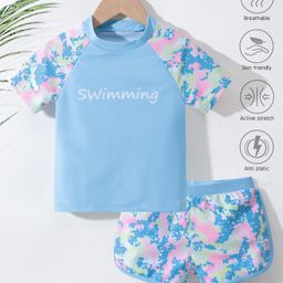 Pine Active Half Sleeves Two Piece Swimsuit with Abstract Print -  Blue-image-68