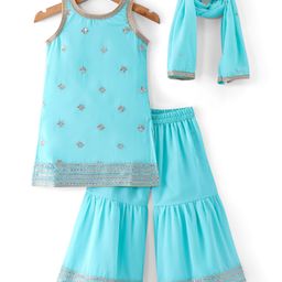 Babyhug Georgett Woven Sleeveless Sequined Embroidered Kurta Gharara Set with Dupatta  & Lace Detailing - Light Blue-image-80