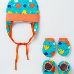 OHMS Single Jersey Knit Cap Mittens & Booties With Leaf print Orange & Green - Diameter 11 cm-28