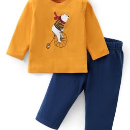 Babyhug Cotton Knit Full Sleeves T-Shirt & Lounge Pants Set With Bear Print - Mustard & Blue-image-62