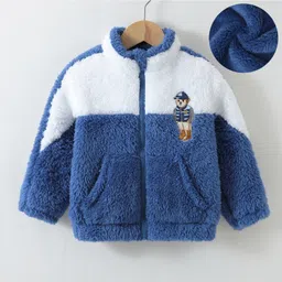Kookie Kids Full Sleeves Front Open Fur Jacket With Colour Block Design & Bear Patch Detailing - Blue-picture-33