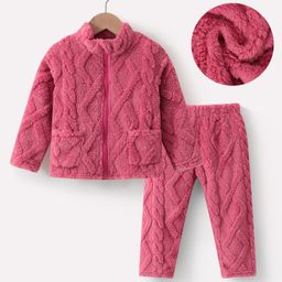 Kookie Kids Full Sleeves Front Zipper Winter Wear Co-Ord Set - Dark Red-picture-15