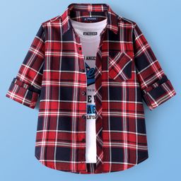 Pine Kids Cotton Woven Full Sleeves Checked Shirt with Text Print T-Shirt- Red-image-64