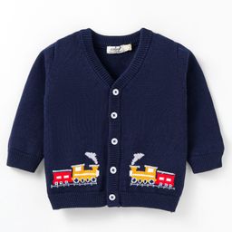 Ollypop Cotton Front Open Full Sleeves Sweater Train Design - Navy Blue-image-65
