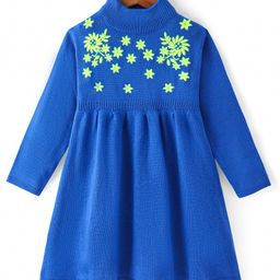 Babyhug Knitted Full Sleeves Floral Embroidery Solid Color Woollen Dress -Blue-image-105