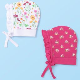 Babyhug Cotton Knit Floral Printed Caps Pack of 2 - Dark Pink and White-image-7