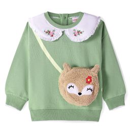 Babyhug Cotton Knit Full Sleeves Peter Pan Collar Sweatshirt with Sling Bag Applique & Floral Embroidery - Mint-image-0