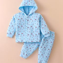 Tango Full Sleeves Hooded Front Open Winter Wear Night Suit With Bunnies Print - Light Blue-image-64