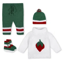 Windrop Solutions Full Sleeves Crocheted Sweater With Striped Coordinating Pajama Cap & Booties Set - White & Green-picture-7
