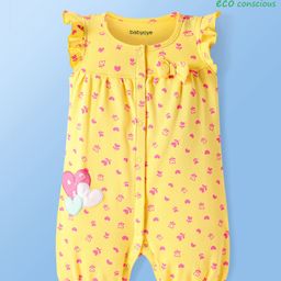 Babyoye Eco Conscious 100% Cotton Knit With Eco Jiva Finish Frill Sleeves Romper With Floral & Heart Print - Yellow-image-92