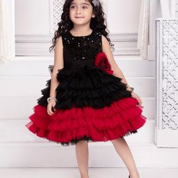 Ministitch Net Sleeveless Floral Applique Detailed & Sequins Embellished Layered Dress - Black-picture-11