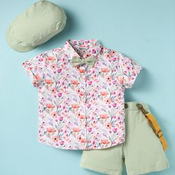 ToffyHouse 100% Cotton Woven Half Sleeves Floral Printed Shirt & Shorts Set with Hat Bow & Suspender - Light Green-picture-27