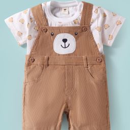 ToffyHouse Cotton Knit Half Sleeves T-Shirt & Dungaree with Bear Print & Patch Detailing - Light Brown-10