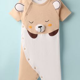 Mark & Mia Cotton Knit Half Raglan Sleeves Romper With Ear & Bear Graphic Detailing - Tan-image-15