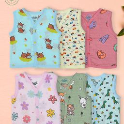 A Toddler Thing 100% Organic Muslin Cotton Pack Of 6 Sleeveless Floral & Animals Printed Jhablas - Multi Colour-image-36
