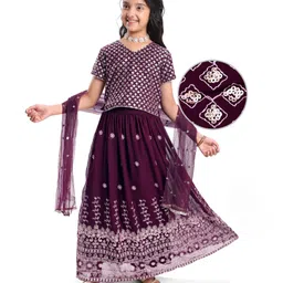 Pine Kids Woven Half Sleeves Floral Sequinned Choli Lehenga Set with Dupatta - Wine-picture-15