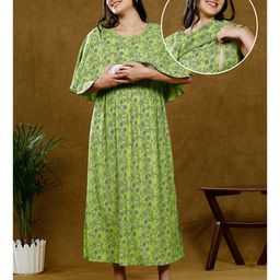 Dummy Shape Half Cape Sleeves Floral Printed Maternity Poncho Night Gown With Zipper Nursing Access - Green-image-41