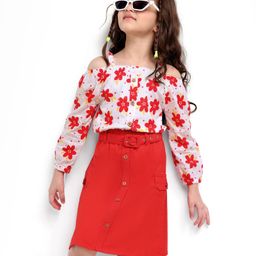 Ollington St. Woven Full sleeves Floral Printed Top & Cotton Lycra Skirt Set - White & Red-image-42