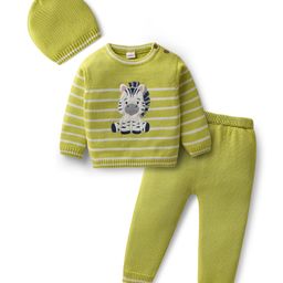 Babyhug Knitted Full Sleeves Striped Pullover Sweater Set with Zebra Embroidery & Cap - Limegreen-image-14