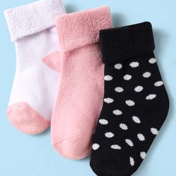 Cute Walk By Babyhug Knit Ankle Length Antibacterial Socks with Polka Dot Print Pack of 3 - Pink & White-image-81