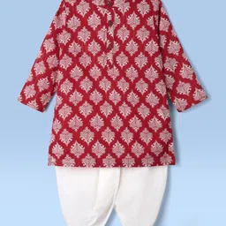 EARTHY TOUCH Cambric Woven Mandarin Collar Full Sleeves Kurta Dhoti Set With Floral Print - Red-picture-0