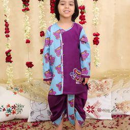 BownBee Pure Cotton Woven Full Sleeves Elephant Embroidered & Printed Gota Lace Embellished Dhoti Kurta Set - Purple-image-99