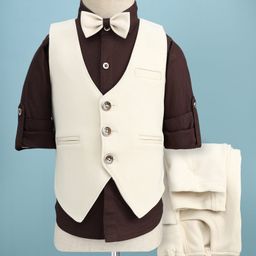 Robo Fry Cotton Woven Full Sleeves Solid Color 3 Piece Party Suit with Bow - White & Wine-picture-19