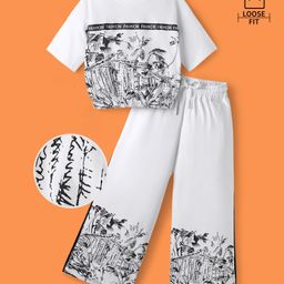 OLLINGTON ST. Cotton Half Sleeves Printed Top & Pant Set - White-picture-7